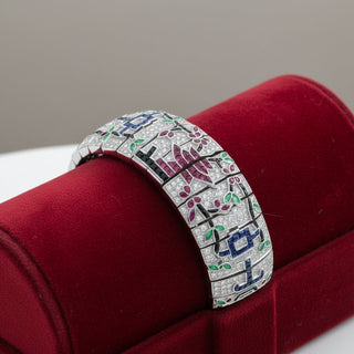 Estate Custom Made Diamond Ruby Emerald Onyx Sapphire 18K White Gold Bracelet — side view