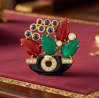 Estate Cartier Paris 1991 Revival "Tabriz Collection" Basket Diamond, Chalcedony, Sapphire, Black Onyx, Carnelion 18Kt Yellow Gold Pendant/Brooch