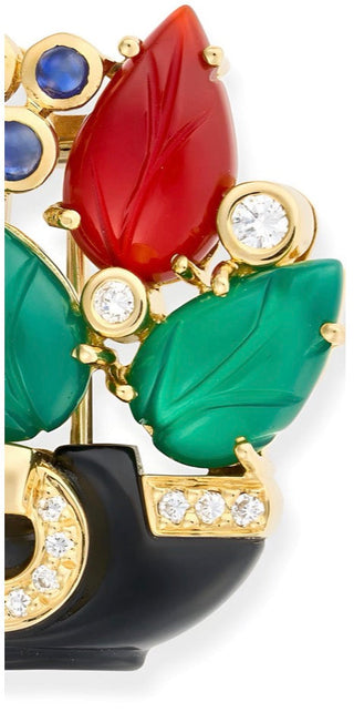 Estate Cartier Paris 1991 Revival "Tabriz Collection" Basket Diamond, Chalcedony, Sapphire, Black Onyx, Carnelion 18Kt Yellow Gold Pendant/Brooch — reverse view