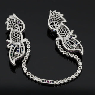 Estate Tutti Frutti Influence Double Clip (Duette) Diamond, Onyx, Emerald, Sapphire, Ruby 18K White Gold Parrott Brooch — reverse view
