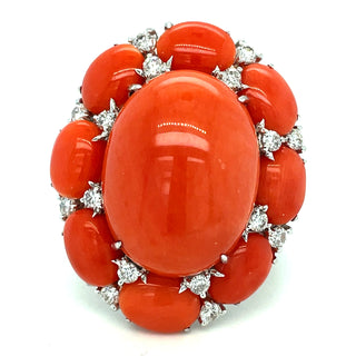 Estate Coral and Diamond 18K White Gold Ring — detail view