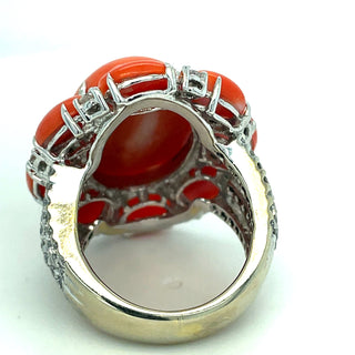 Estate Coral and Diamond 18K White Gold Ring — scale view