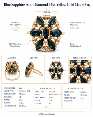Estate Modern Blue Sapphire And Diamond 14kt Yellow Gold Cluster Ring — side view