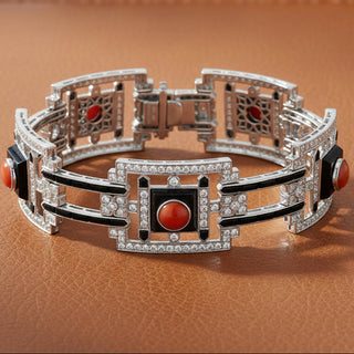 Estate Custom Made Diamond Coral Onyx White 18K White Gold Bracelet