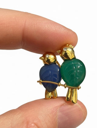 Estate Cartier Paris 1989 Revival Love Birds Diamond and Chalcedony 18K Yellow Gold Pendant/Brooch — scale view