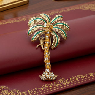 Estate Italian Modern 1980's 18K Yellow God 15.00 ctw Yellow Sapphire, Emerald and Diamond Monkey on Palm Tree Brooch