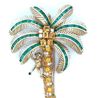 Estate Italian Modern 1980's 18K Yellow God 15.00 ctw Yellow Sapphire, Emerald and Diamond Monkey on Palm Tree Brooch — alternate view