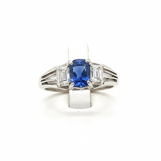 Estate Sapphire and Diamond Three Stone Platinum Ring — side view