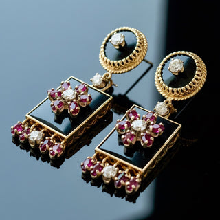 Estate Vintage Diamond Ruby and Onyx Custom Made 14K Yellow/White Gold Earring