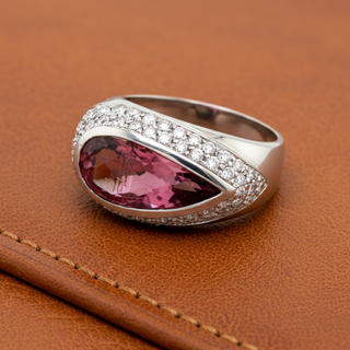 Estate pink tourmaline and diamond ring in 18K white gold — pear-cut 2.60 ct tourmaline with diamond surround