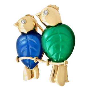 Estate Cartier Paris 1989 Revival Love Birds Diamond and Chalcedony 18K Yellow Gold Pendant/Brooch — side view