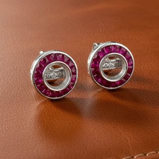 Estate Ruby, Diamond and 18K White Gold Semi Mount Earrings — detail view