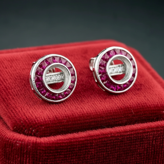 Estate Ruby, Diamond and 18K White Gold Semi Mount Earrings
