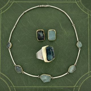 Estate jewelry — Estate Modern Designer Rough Cut Aquamarine, Silver & 18kt Yellow Gold Set