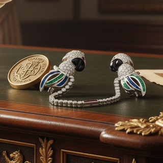 Estate Tutti Frutti Influence Double Clip (Duette) Diamond, Onyx, Emerald, Sapphire, Ruby 18K White Gold Parrott Brooch — detail view