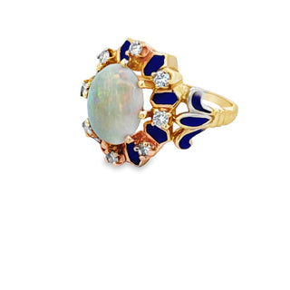 Estate Opal, Diamond and Blue Enamel 14K Yellow Gold Ring — side view