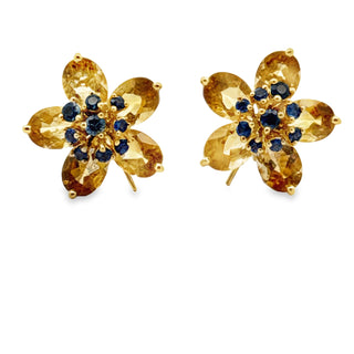 Italian Citrine, Sapphire Floral 18Kt Yellow Gold Earring — reverse view