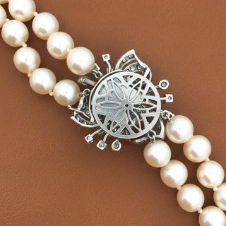 Estate Vintage 1940's 7.5mm Japanese Akoya Cultured Pearl and Diamond 14K White Gold Necklace — detail view