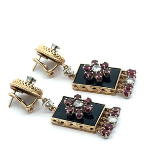 Estate Vintage Diamond Ruby and Onyx Custom Made 14K Yellow/White Gold Earring — reverse view