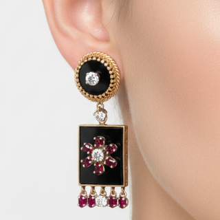 Estate Vintage Diamond Ruby and Onyx Custom Made 14K Yellow/White Gold Earring — scale view