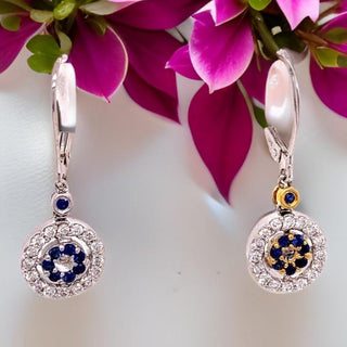 Estate Sapphire and Diamond 14K White and Yellow Gold Dangle Earrings — detail view