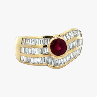 Estate Ruby, Diamond and 18K Yellow Gold Ring — detail view