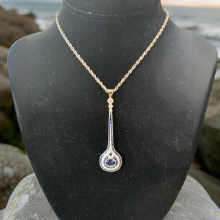 Estate French Cut Sapphire and Diamond 18K White Gold Pendant — scale view