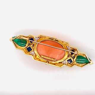 David Webb Coral, Emerald, Diamond and Lapis Lazuli Brooch — scale view