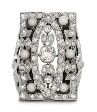Estate Vintage Diamond and Pearl Platinum and 14Kt White Gold Filigree Ring — side view