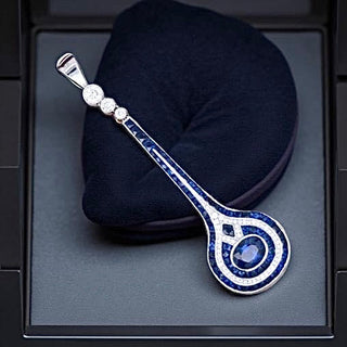 Estate French Cut Sapphire and Diamond 18K White Gold Pendant — reverse view