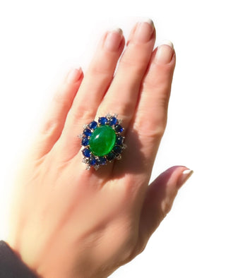 Estate Emerald, Sapphire and Diamond 18K White Gold Ring — scale view