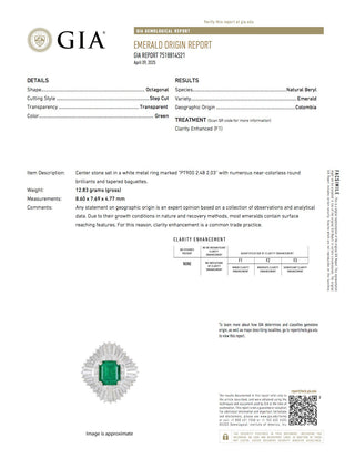 Estate Modern Fine Colombia Emerald (GIA) and Diamond Platinum Ring — detail view