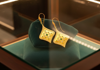 Estate 1990's Brush Finish Diamond and Emerald 18k Yellow Gold Earrings — alternate view