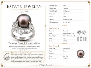 Estate Contemporary 12.50mm Tahitian Pearl and Diamond Platinum Ring — side view