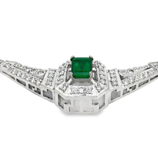 Estate Columbian Emerald and Diamond 14K White Gold necklace — detail view