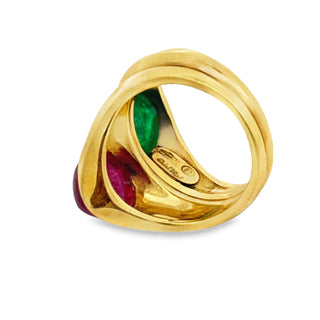 Italian Designer Vaglio Emerald and Ruby 18K Yellow Gold Ring — reverse view