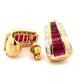 Estate Italian Designer Marchisio French Cut Ruby and Diamond 18K Yellow Gold Earrings — side view