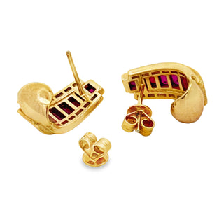 Estate Italian Designer Marchisio French Cut Ruby and Diamond 18K Yellow Gold Earrings — detail view