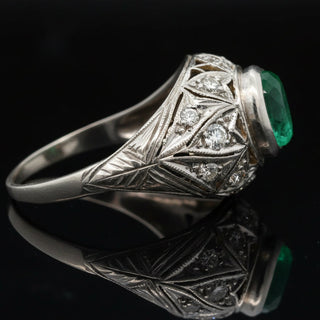 Estate Emerald and Diamond Platinum Ring — side view