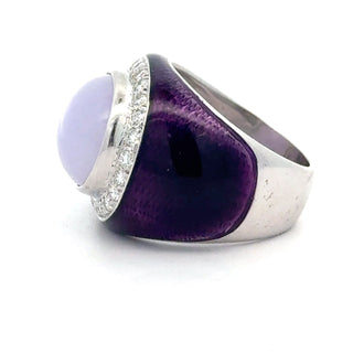 Estate Designer Nini Purple Jadiete and Diamond, Enamel 18Kt White Gold Ring — reverse view