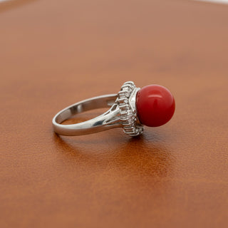 Estate Mid Century Red Coral, Diamond Platinum Ring — side view