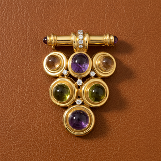 Italian Modern 1980's Geometric Diamond Amethyst, Peridot, Citrine 18k Yellow Gold Brooch — detail view