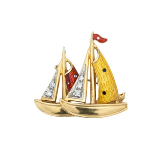 Estate Diamond and Enamel 18Kt Yellow/White Gold Sailboat Brooch — reverse view