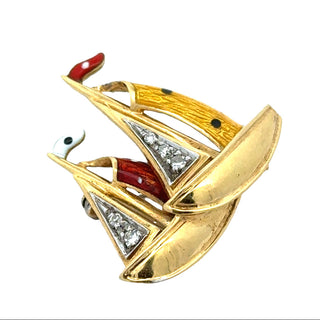 Estate Diamond and Enamel 18Kt Yellow/White Gold Sailboat Brooch — detail view