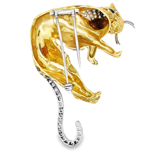 Estate Modern 1980's 18K White, Yellow Gold, Diamond, Emerald, Enamel Leopard Brooch — alternate view