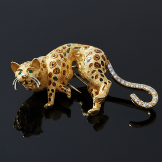 Estate Modern 1980's 18K White, Yellow Gold, Diamond, Emerald, Enamel Leopard Brooch — detail view
