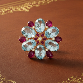 Italian-Modern 1980's 18K Yellow Gold, Blue Topaz, Ruby, Diamond Pendant/Brooch — side view