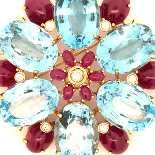 Italian-Modern 1980's 18K Yellow Gold, Blue Topaz, Ruby, Diamond Pendant/Brooch — alternate view