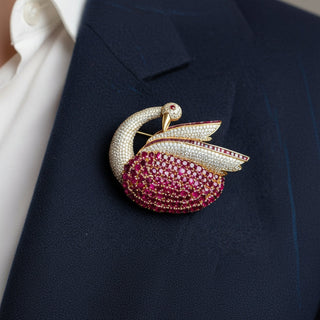 Estate Modern 1980's 22.00ctw Ruby and 5.50 ctw Diamond 14Kt Yellow Gold Swan Pendant/Brooch