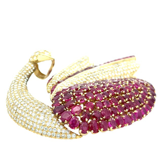 Estate Modern 1980's 22.00ctw Ruby and 5.50 ctw Diamond 14Kt Yellow Gold Swan Pendant/Brooch — scale view
